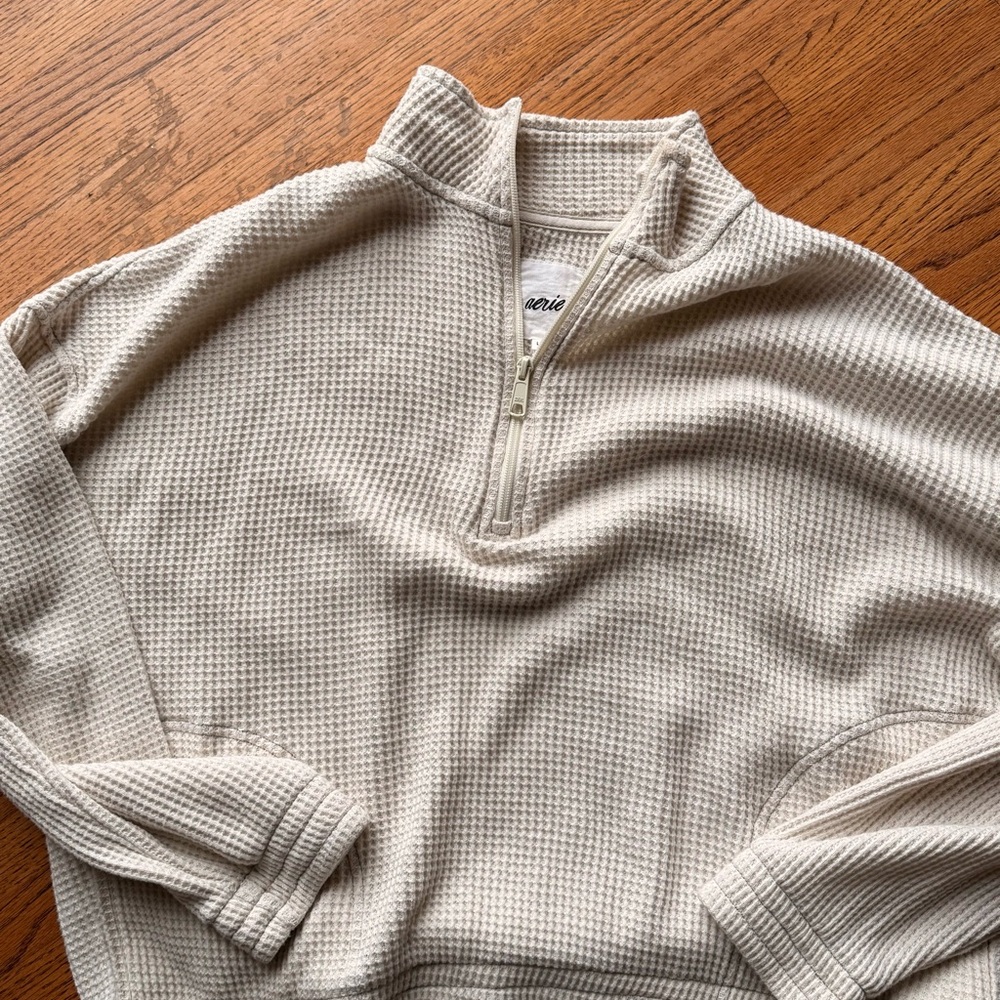 Aerie women’s Men's Cream Waffle Knit Zip-Up Sweater